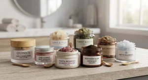 A collection of top-rated Canadian beauty brand jars showcasing the best lip scrub products.