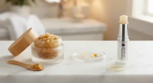 A side-by-side comparison of the best lip scrub exfoliant and a hydrating lip balm tube.