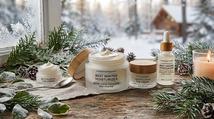 Flat lay of the best winter moisturizer cream jars surrounded by winter elements like pine needles and frost, formulated to protect Canadian skin against harsh cold weather.