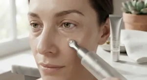 A cooling applicator tip on a best eye serum tube providing instant relief for under-eye puffiness.