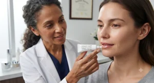 A skincare expert demonstrating how to apply a dermatologist-recommended lip repair treatment for deep hydration.