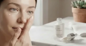 A dermatologist-tested best eye serum suitable for sensitive skin being applied gently under the eye.