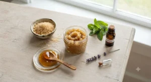 A flat lay of homemade ingredients for a DIY best lip scrub including honey, sugar, and a small wooden spoon.