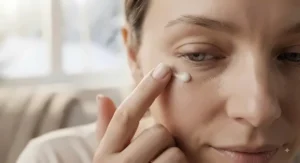 Close-up of a person gently applying eye cream for puffiness under their eyes.