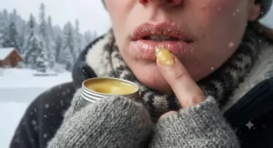Close-up of a person applying a protective moisturizing lip salve to dry, chapped lips during a cold Canadian winter day.