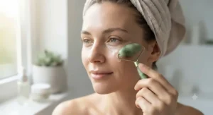 A person gently massaging a cosmetic product for dark circles into their skin using a chilled jade roller.