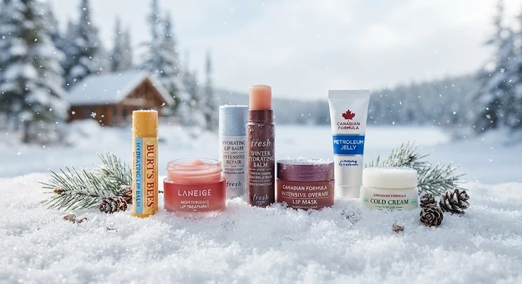 A collection of hydrating lip balms and winter skincare essentials arranged on a snowy background for Canadian winter lip care. lip care for Canadian winter