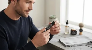 Man holding a tube of the best hydrating lip balm for daily skincare routines.