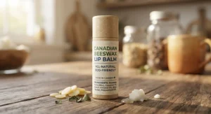 Close-up of a natural, eco-friendly lip balm tube featuring Canadian-sourced ingredients like beeswax.