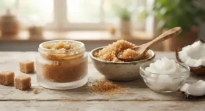 Natural organic ingredients like brown sugar and coconut oil used in formulating the best lip scrub.