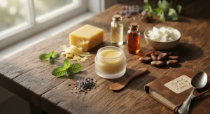 Organic lip repair treatment ingredients including beeswax and natural oils laid out neatly on a wooden surface.