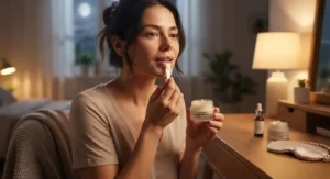 An evening skincare routine featuring an intensive overnight lip repair treatment for morning relief from dryness.
