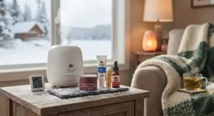 A cozy indoor scene with a humidifier steaming next to skincare products, highlighting tips to prevent dry lips from indoor heating in Canada.
