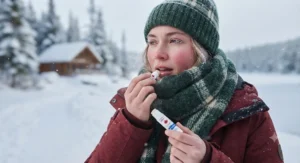 A person wrapping up in a cozy winter scarf while applying a hydrating lip treatment to protect against freezing Canadian winds.