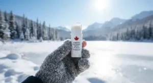 A protective SPF lip balm held against a bright, snowy Canadian landscape to demonstrate winter sun and UV protection.