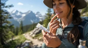 A person holding a protective lip repair treatment with SPF during an outdoor hike in Canada.