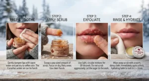Step-by-step visual guide showing a gentle sugar lip scrub being used as part of a weekly winter lip care routine.