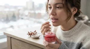 A woman applying the best lip mask to soothe chapped lips.