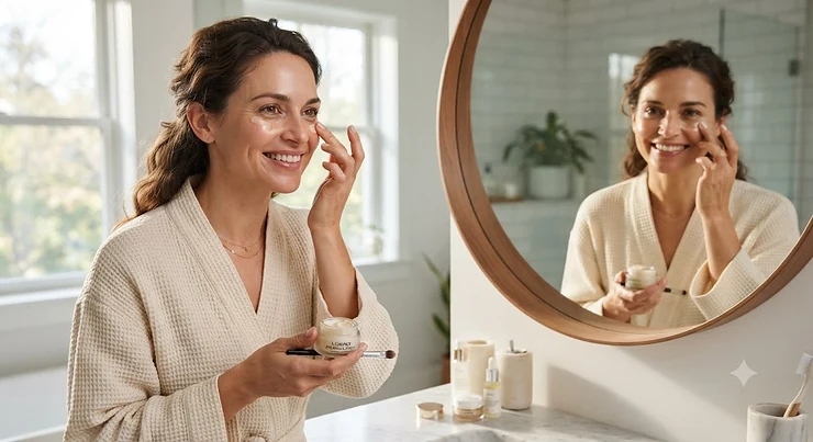 A smiling woman looking in the mirror while applying a morning skin care product for dark circles under her eyes.