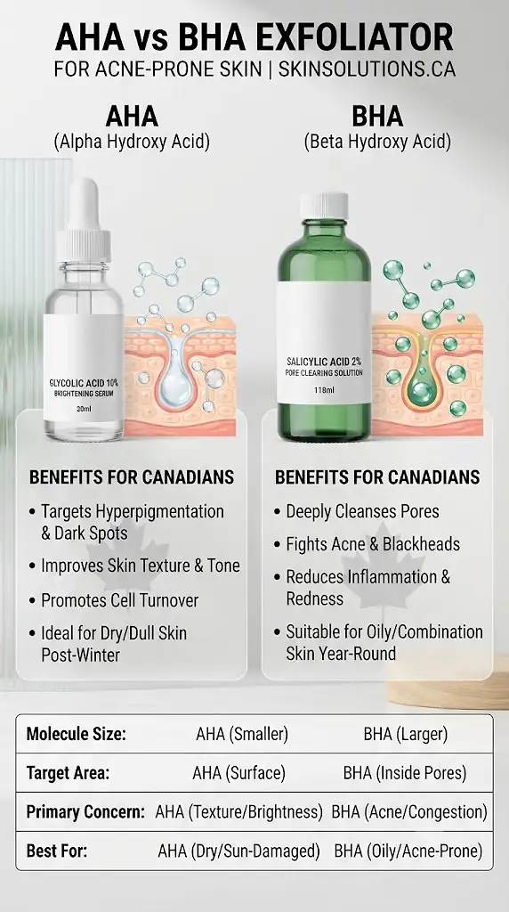 An infographic comparing AHA and BHA exfoliators for acne-prone skin, tailored for Canadian skincare routines. AHA vs BHA exfoliator for acne-prone skin
