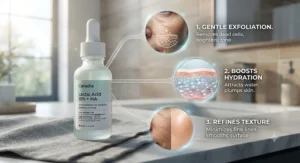 Close-up infographic detailing the hydrating and smoothing benefits of a lactic acid exfoliator for mature skin.