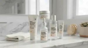 A complete skincare routine featuring a top-rated chemical exfoliator for sensitive skin on a marble vanity.
