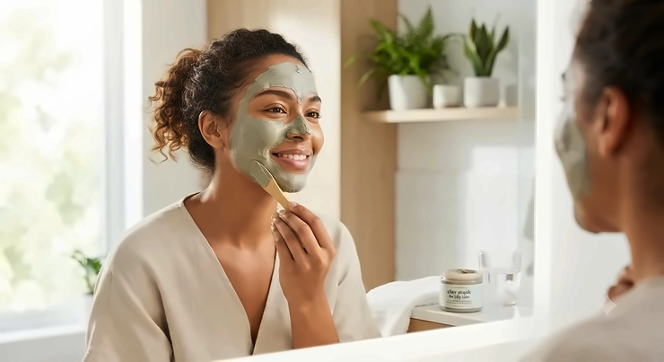 A glowing Canadian woman applying a natural clay mask for oily skin to her face in a bright bathroom.