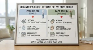 Summary infographic helping beginners choose between peeling gel and face scrub.