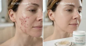 Before and after illustration highlighting clear complexion improvements after using targeted acne exfoliating pads.