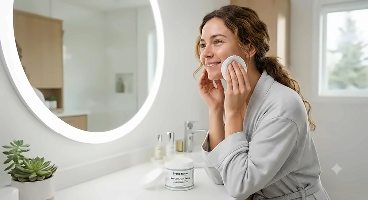 Woman incorporating the best exfoliating pads into her daily skincare routine in front of a mirror in a bright Canadian home.