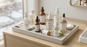 Top-rated Canadian lactic acid exfoliator bottles arranged neatly for aging skin care regimens.