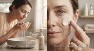 Step-by-step skincare routine showing how to apply a physical exfoliator for dry skin without irritation.