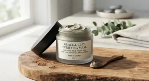 A premium Canadian-made clay mask for oily skin displayed against a natural wood background.