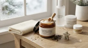 Hydrating skincare products including a physical exfoliator for dry skin suited for cold Canadian weather.