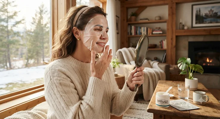 Woman in a cozy Canadian home applying a collagen face mask for anti-aging skincare routine.