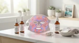 An LED light therapy mask paired with Canadian-made hydrating serums for a complete skincare regimen.