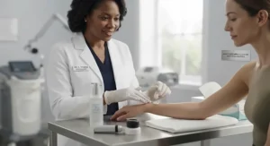A dermatologist demonstrating the safe application of an enzyme exfoliator for sensitive skin.