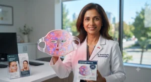 A dermatologist holding a certified safe LED light therapy mask designed for home use across Canada.