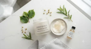 Flat lay photography of dermatologist-recommended exfoliating pads alongside natural botanical skincare ingredients.