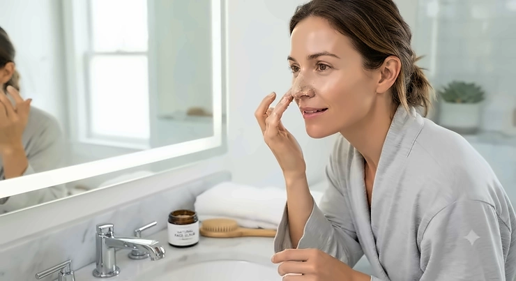 Woman applying a gentle face scrub for blackheads to her nose in a brightly lit bathroom.