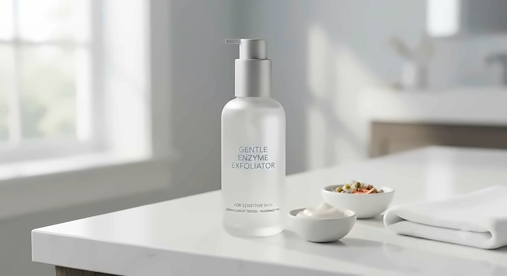 A sleek bottle of gentle enzyme exfoliator for sensitive skin resting on a clean surface.