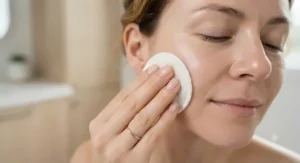 Close-up of a hand gently applying one of the best exfoliating pads for sensitive skin onto the cheek.