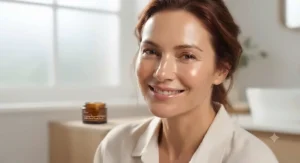 A person with smooth, radiant skin smiling after using a hydrating physical exfoliator for dry skin.