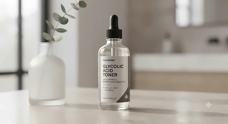 A bottle of glycolic acid toner standing on a minimalist surface, popular in Canadian skincare routines.