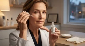 Dermatologist demonstrating how to apply a lactic acid exfoliator for aging skin during an evening skincare routine.