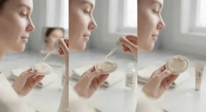 Step-by-step application of a soothing chemical exfoliator for sensitive skin using clean cotton pads.