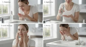 Step-by-step visual guide on applying an enzyme exfoliator for sensitive skin into a daily routine.