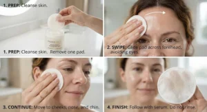 Step-by-step visual guide showing how to properly swipe an exfoliating pad across the forehead for clear skin.