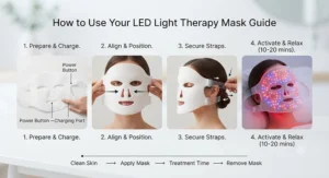 Step-by-step diagram showing how to properly secure and use an LED light therapy mask.
