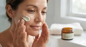 Demonstration of massaging a physical exfoliator for dry skin onto the face using gentle circular motions.